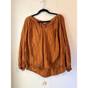 Aerie Lightweight V‎ Neck Blouse Striped Rust Size Medium Puff Sleeve Boho Loose